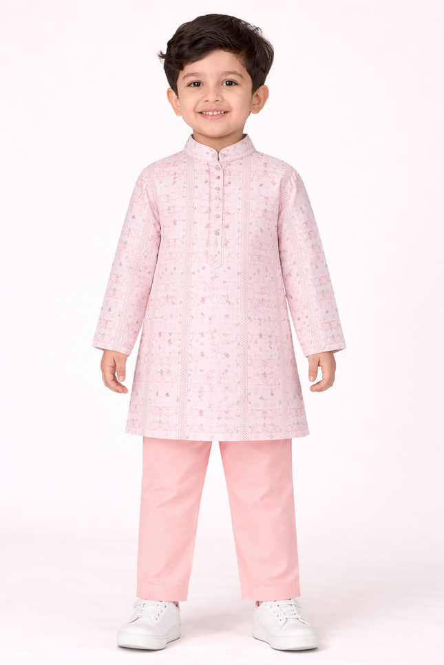 Boys' Blush Pink Geometric Print Kurta Set with Mirror Work