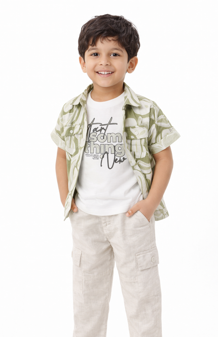 Boys' 3-Piece Cotton Sage Green Printed Shirt and Cargo Set