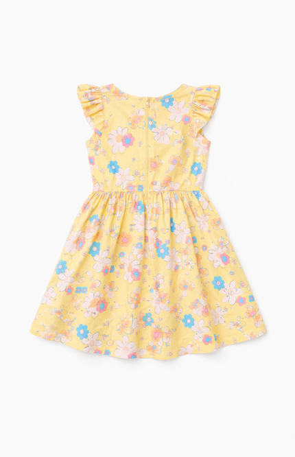 Girls' Floral Tiered Cotton Dress with Ruffle Flutter Sleeves