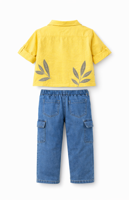Boys' Sunshine Yellow Leaf Print Shirt and Cargo Denim Jeans Set