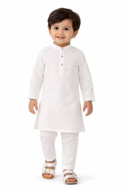 Boys' White Self-Textured Kurta Set