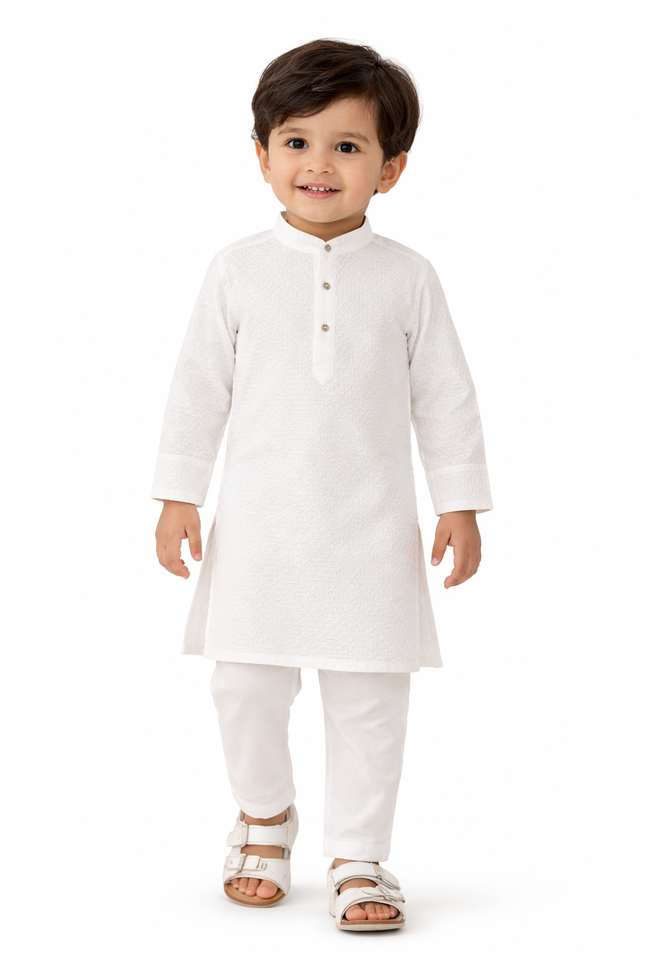 Boys' White Self-Textured Kurta Set