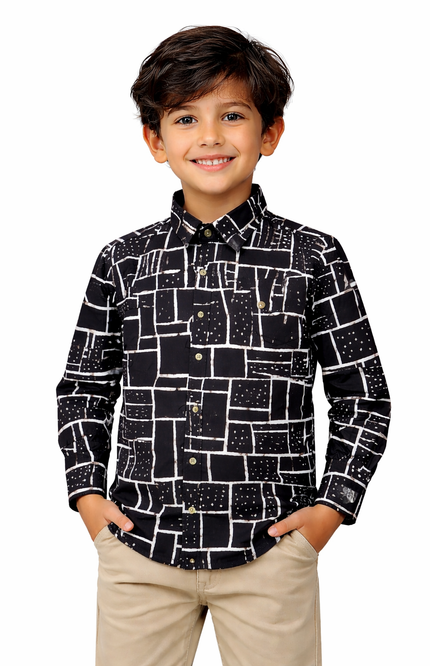 Kids' Designer Monochrome Full-Sleeve Shirt – Premium Abstract Pattern Streetwear