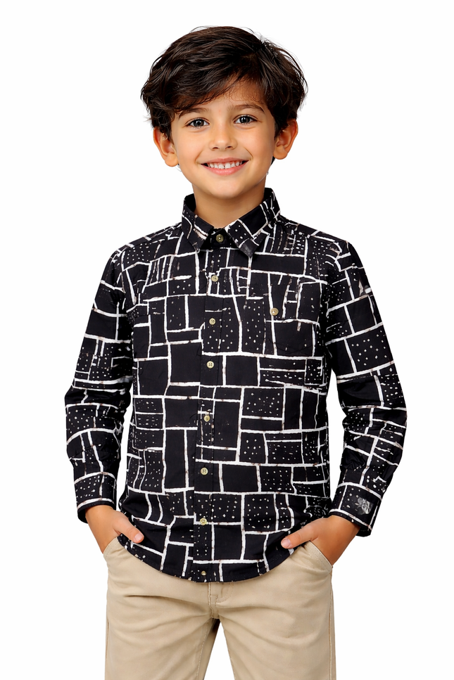 Kids' Designer Monochrome Full-Sleeve Shirt – Premium Abstract Pattern Streetwear