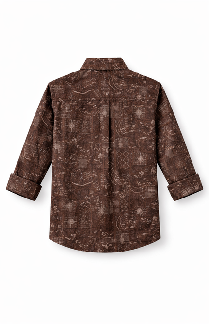 Kids' Designer Ethnic-Print Button-Down – Premium Coffee & Forest Green Casual Shirt