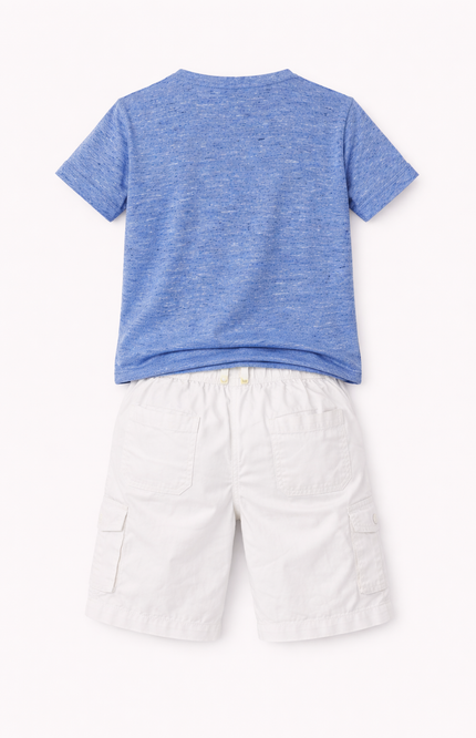Boys' Blue Slub-Texture Graphic T-Shirt and White Cargo Shorts 2-Piece Set
