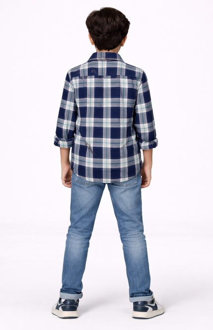 Kids' Urban Layered Outfit – Navy Plaid Shirt & Sporty White Tee