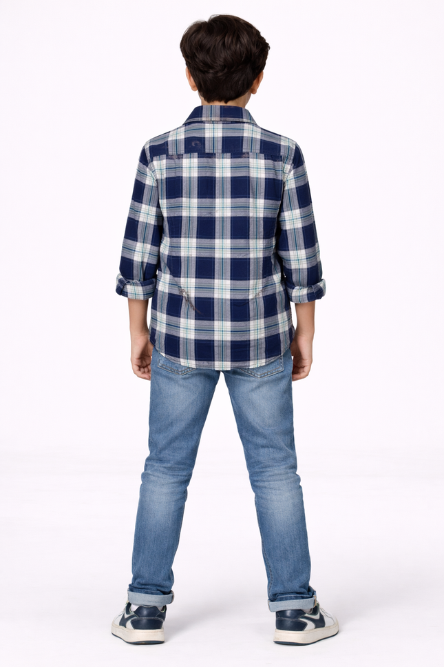 Kids' Urban Layered Outfit – Navy Plaid Shirt & Sporty White Tee