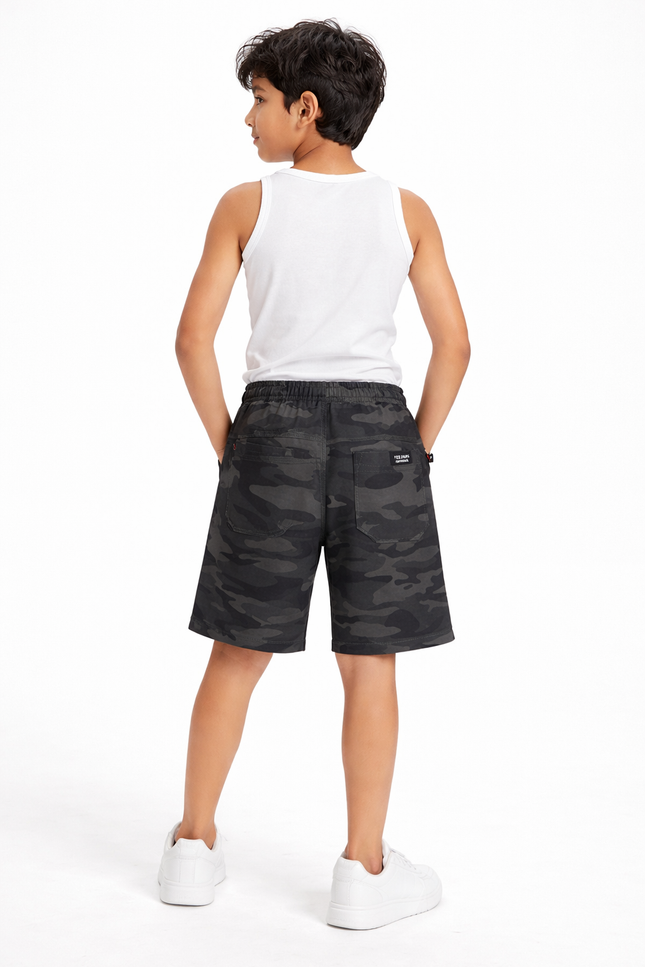 Kids' Military Print Cargo-Style Shorts – Premium Grey & Olive Camo Summer Bottoms