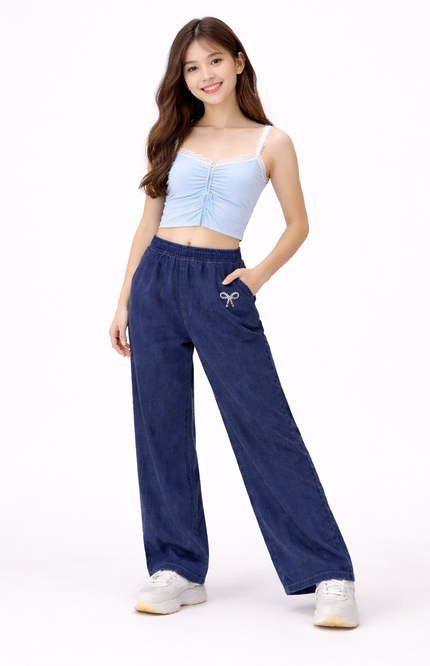 Teens' Wide-Leg Comfort Denim Jeans with Bow Detail