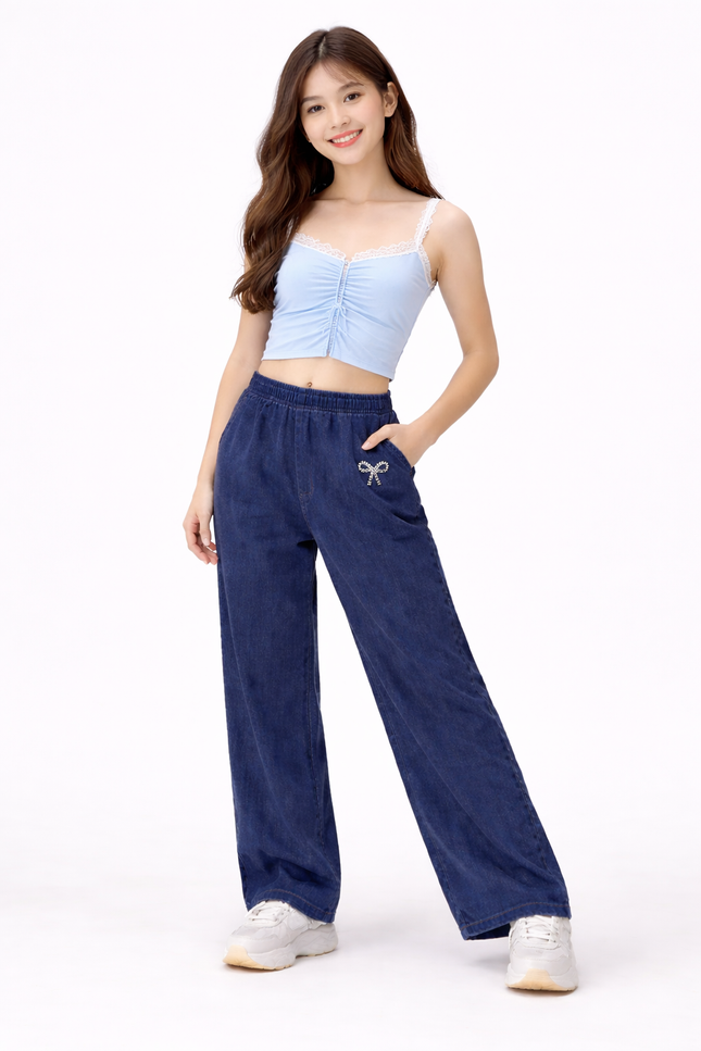Teens' Wide-Leg Comfort Denim Jeans with Bow Detail