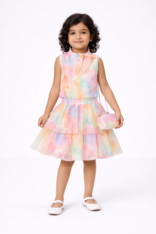 Pastel Tie-Dye Crepe Dress Set with Sling Bag