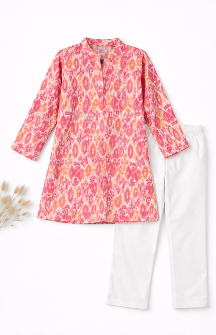 Boys' Ikat Print Kurta and White Pajama Set