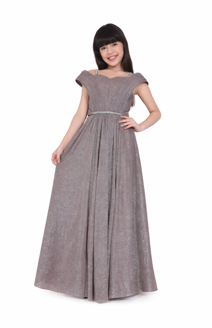 Girls' Mauve Shimmer Pleated Party Dress | Diamond Strap Evening Gown