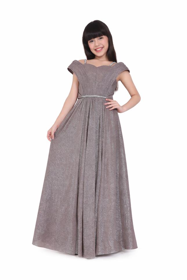 Girls' Mauve Shimmer Pleated Party Dress | Diamond Strap Evening Gown