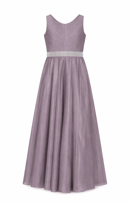 Girls' Floor-Length Shimmer Tulle Evening Gown with Rhinestone Waist