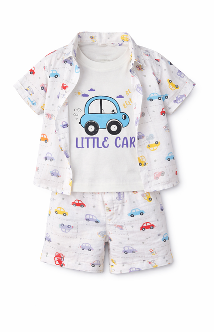 Kids' Summer Adventure Outfit – Printed Button-Down, Graphic Tee & Shorts Set
