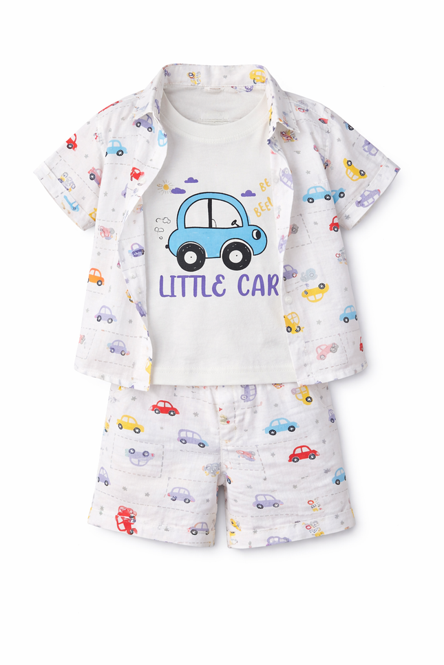 Kids' Summer Adventure Outfit – Printed Button-Down, Graphic Tee & Shorts Set