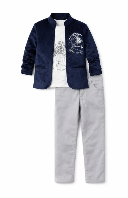 Kids' Navy Blue Velvet Party Suit Set with Silver Graphic Tee and Slim-Fit Grey Pants