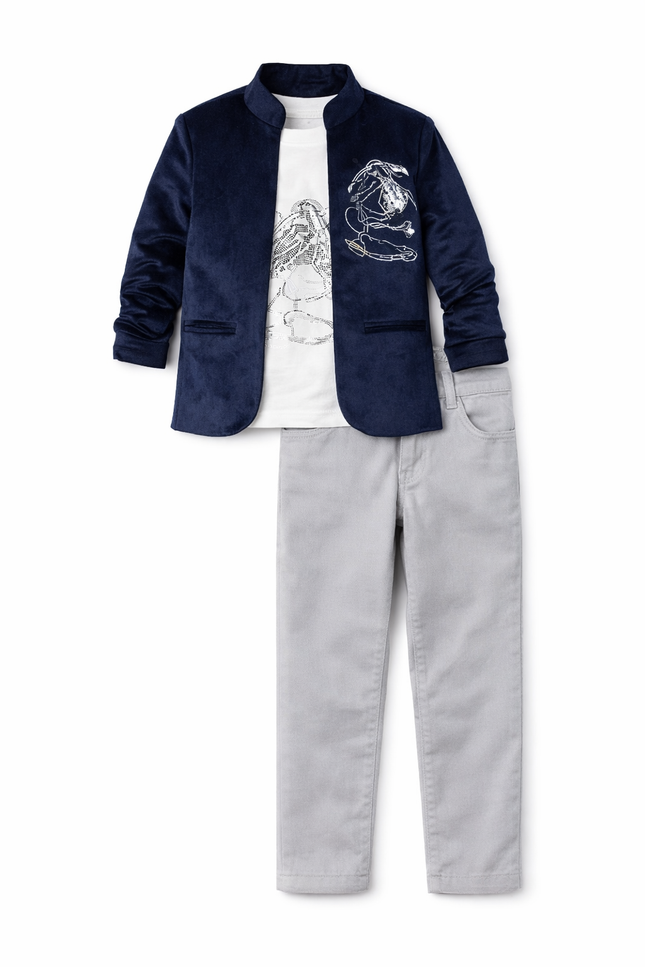Kids' Navy Blue Velvet Party Suit Set with Silver Graphic Tee and Slim-Fit Grey Pants