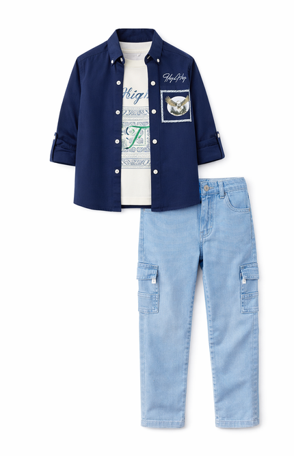 Boys' 3-Piece Navy Button-Down Shirt, Graphic Tee, and Cargo Jeans Set