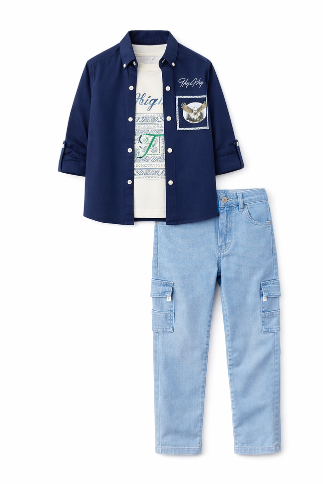 Boys' 3-Piece Navy Button-Down Shirt, Graphic Tee, and Cargo Jeans Set