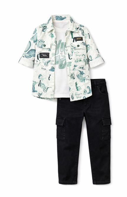 Boys' 3-Piece Urban Print Short-Sleeve Shirt, Graphic Tee, and Black Cargo Trousers
