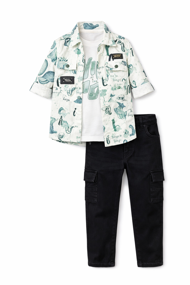 Boys' 3-Piece Urban Print Short-Sleeve Shirt, Graphic Tee, and Black Cargo Trousers
