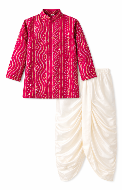 Boys' Festive Bandhani Print Kurta and Cream Dhoti Set