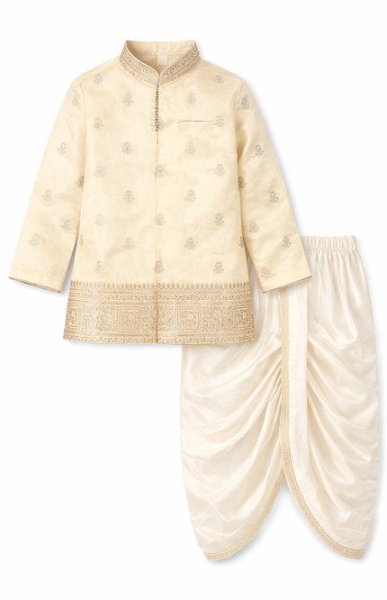 Kids' Premium Ethnic Wear – Gold-Toned Silk Blend Kurta with Traditional Dhoti