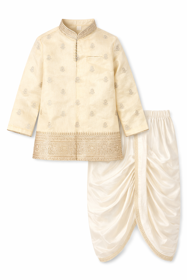 Kids' Premium Ethnic Wear – Gold-Toned Silk Blend Kurta with Traditional Dhoti