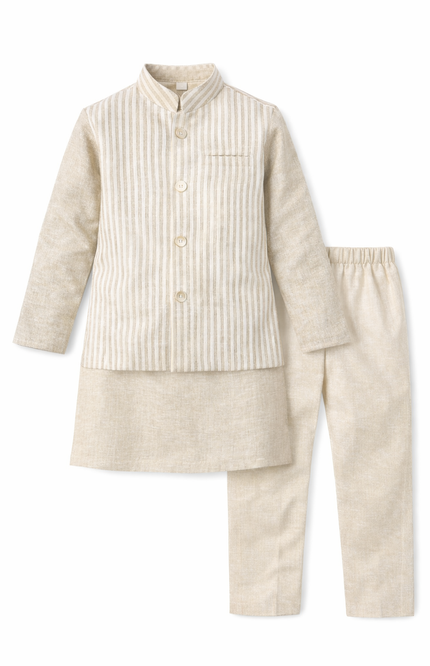 Boys' 3-Piece Natural-Tone Kurta Set with Striped Nehru Jacket