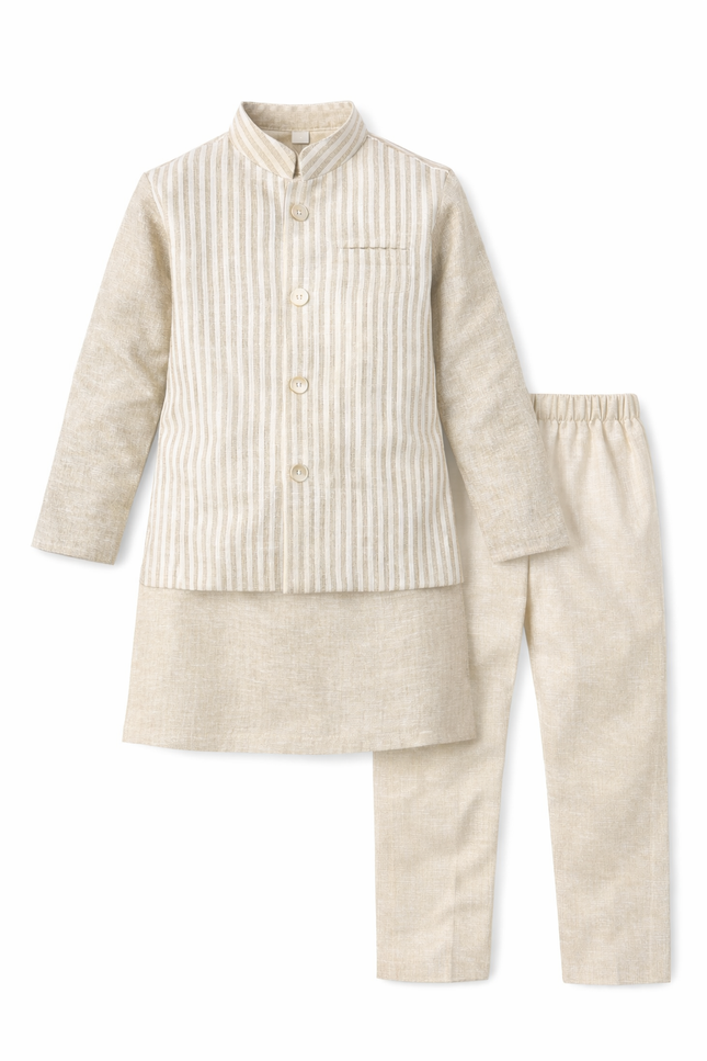 Boys' 3-Piece Natural-Tone Kurta Set with Striped Nehru Jacket