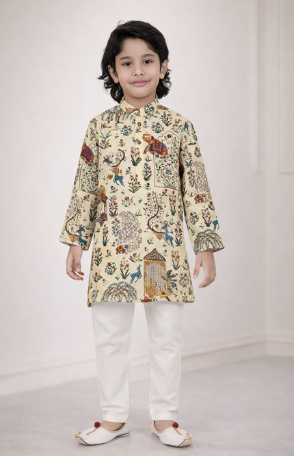 Boys' Cream Kalamkari Print Kurta and White Pajama Set