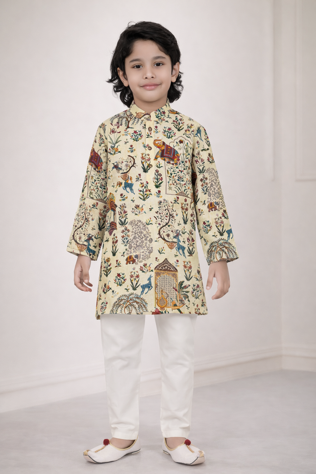 Boys' Cream Kalamkari Print Kurta and White Pajama Set