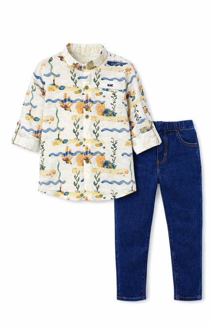 Boys' Aquatic Print Button-Down Shirt and Dark Wash Denim Set