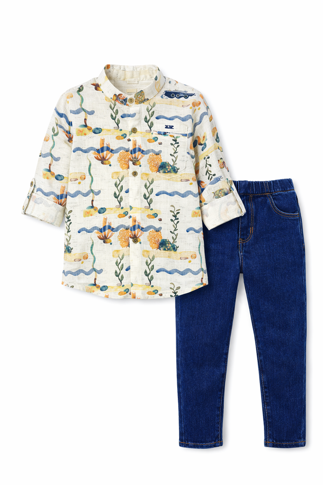 Boys' Aquatic Print Button-Down Shirt and Dark Wash Denim Set