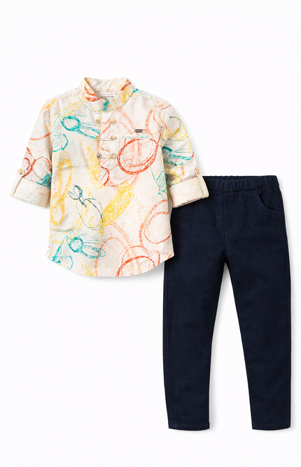 Boys' Colorful Abstract Print Popover Shirt and Navy Denim Set