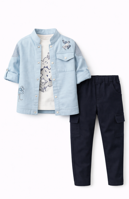 Boys' 3-Piece Flamingo Embroidery Light Blue Shirt and Cargo Pant Set
