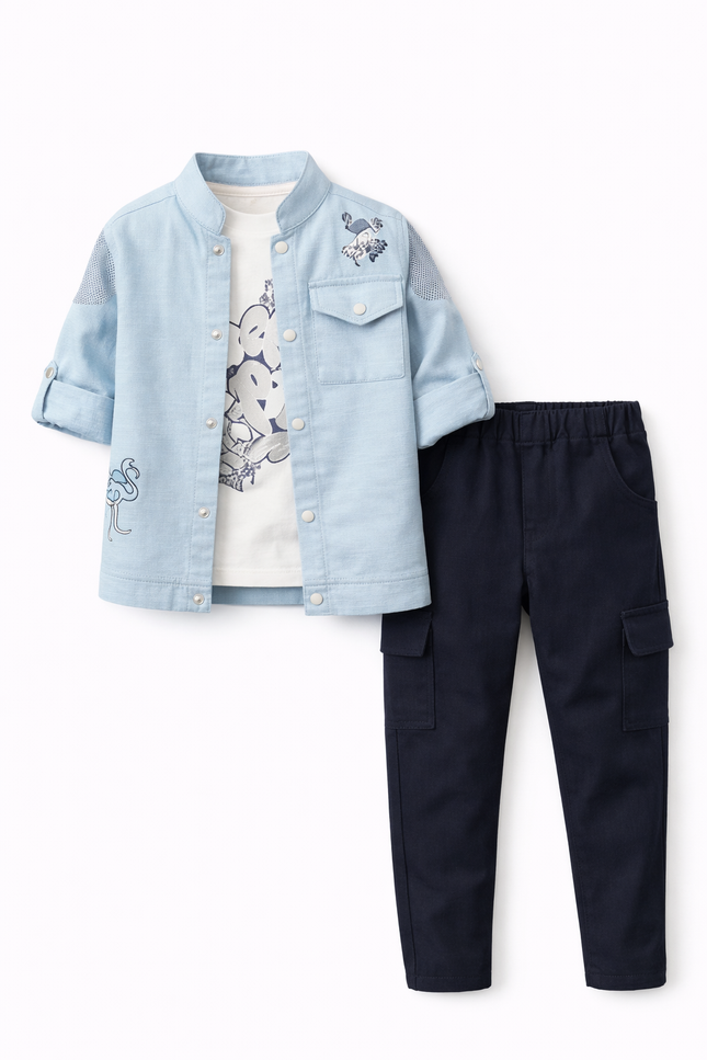Boys' 3-Piece Flamingo Embroidery Light Blue Shirt and Cargo Pant Set