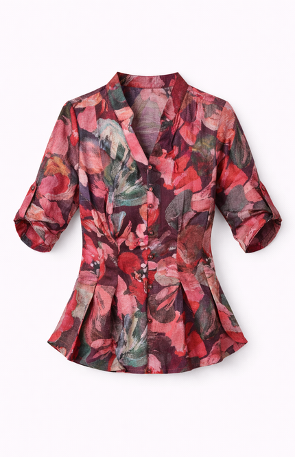 Infeel Multi-Color Botanical Print Top – Tailored Waist with Adjustable Sleeves