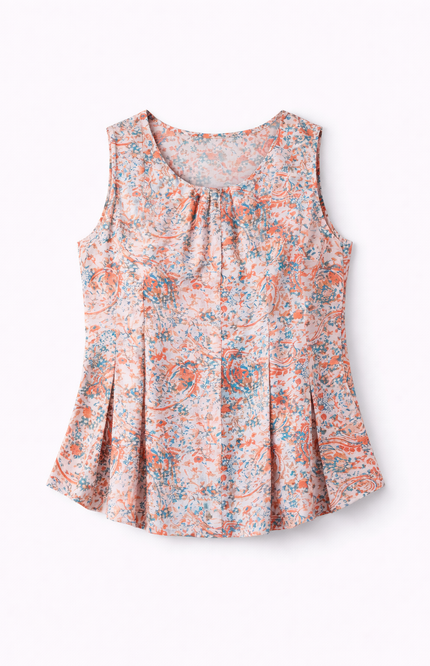Girls' Sleeveless Peach and Blue Floral Print Top with Button Front