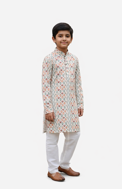 Infant Boys' Sage and Ochre Chevron Print Kurta with White Pajamas