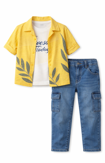 Boys' Sunshine Yellow Leaf Print Shirt and Cargo Denim Jeans Set