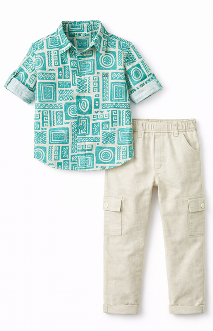 Boys' Teal and White Geometric Print Shirt with Khaki Linen Cargo Joggers