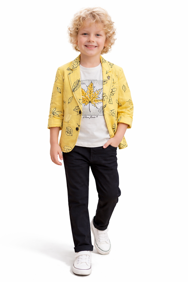 Boys' Sunshine Yellow Leaf Print Blazer and Navy Chino Trousers Set