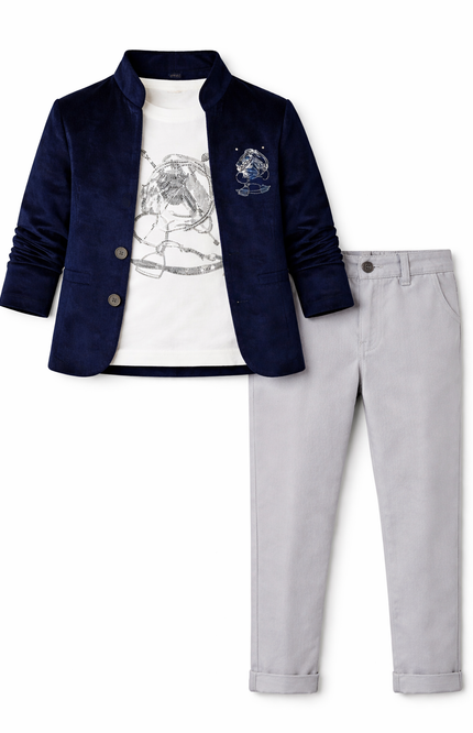 Boys' Navy Blue Velvet Mandarin Blazer with Embroidered Horse and Grey Chinos