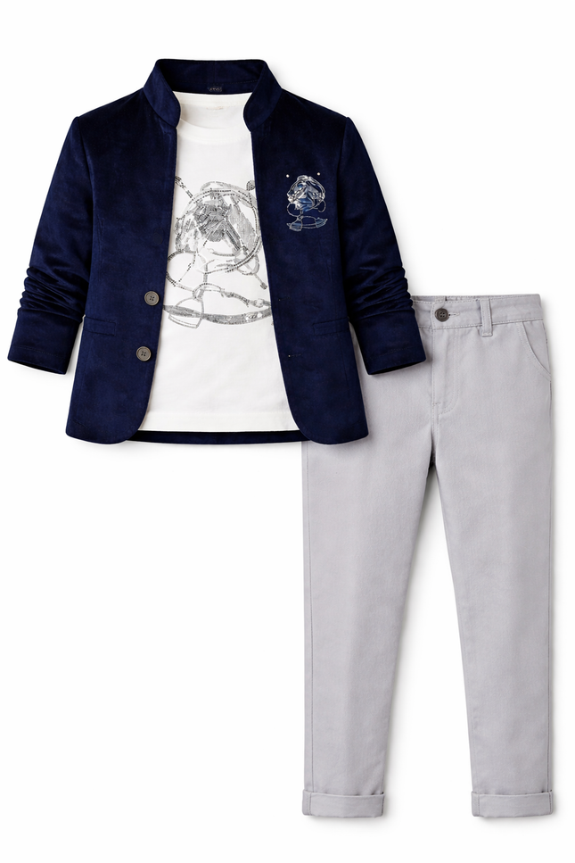 Boys' Navy Blue Velvet Mandarin Blazer with Embroidered Horse and Grey Chinos