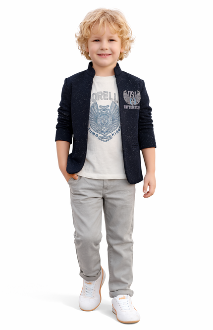 Kids' 3-Piece Fashion Set – Galaxy Print Blazer, Eagle Graphic Tee, and Slim-Fit Grey Trousers
