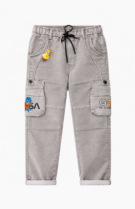 Kids' Cream Utility Trousers – Multi-Pocket Cargo Joggers with Fun NASA Patches